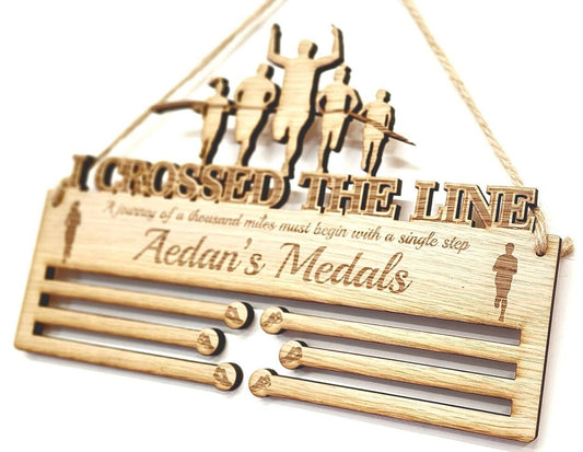 Running Medal Holder, I Crossed The Line, 6mm Oak Veneer