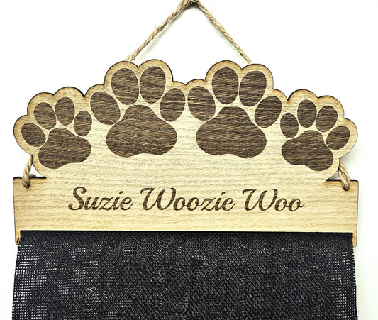 Dog Rosette Paw Design Holder: Personalised 6mm Oak Veneer Puppy Paw Rosette Hanging Gift