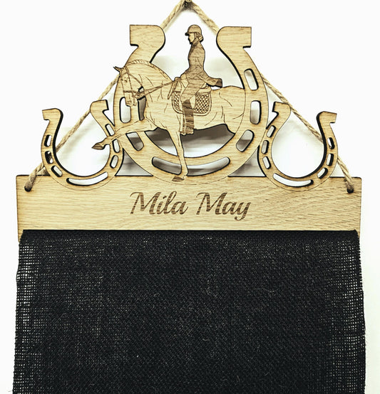 Rosette Holder - Dressage Shoe design- Personalised 6mm Oak Veneer Horse Pony Rosette Hanging Gift