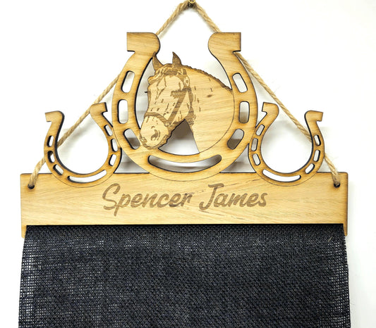 Rosette Holder Horse in Shoe Design: Personalised 6mm Oak Veneer Rosette Hanging Gift
