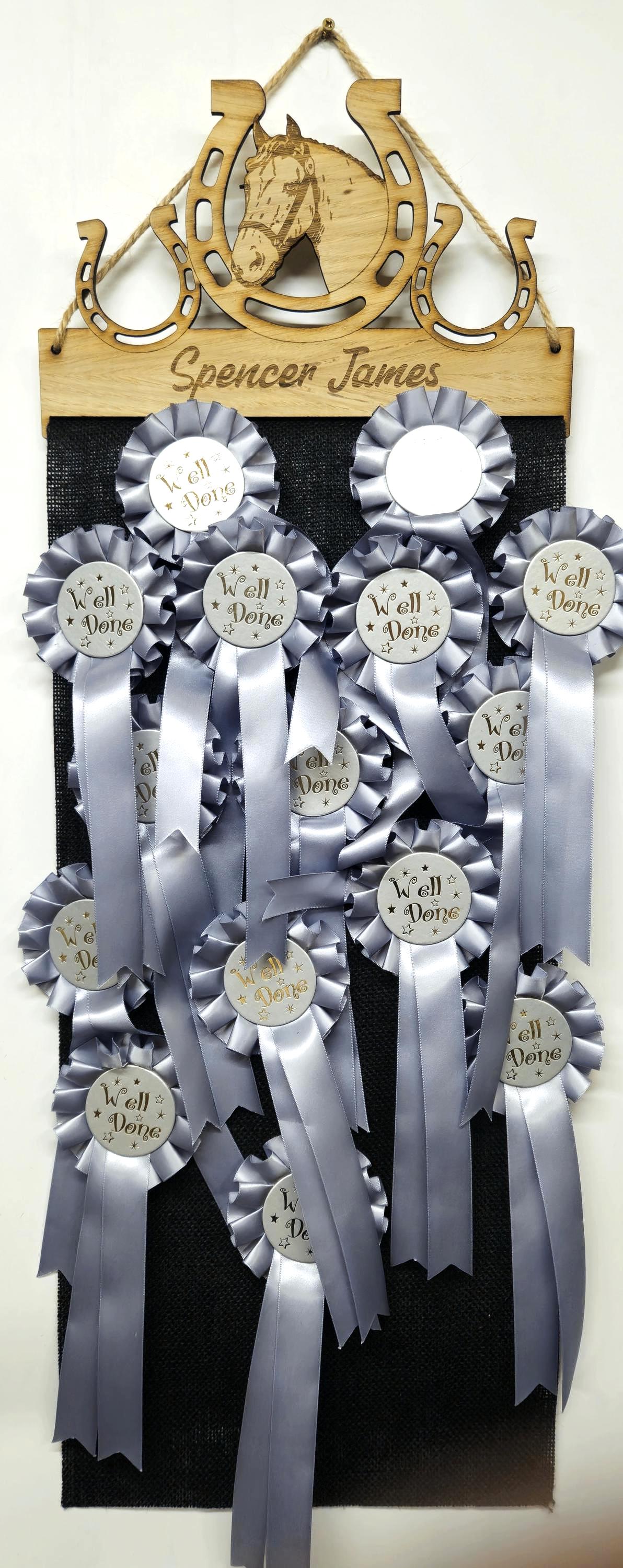 Rosette Holder Horse in Shoe Design: Personalised 6mm Oak Veneer Rosette Hanging Gift