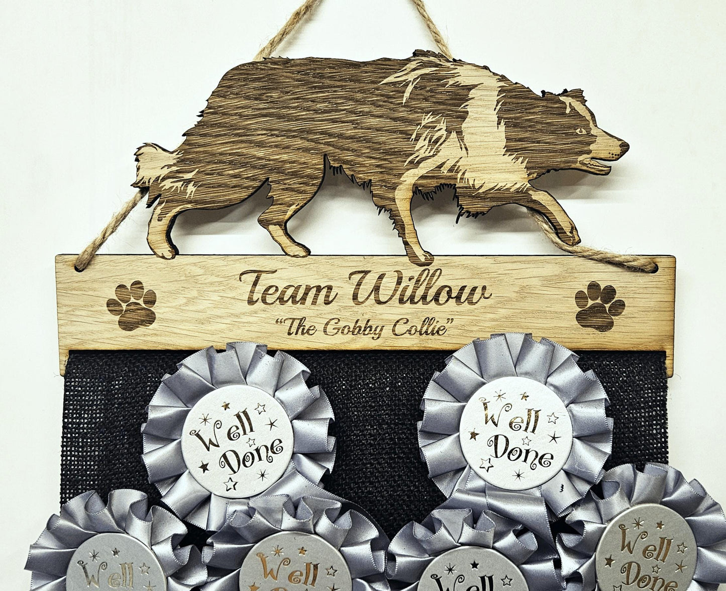 Rosette Holder Border Collie - Personalised 6mm Oak Veneer Rosettes Hanging Gift