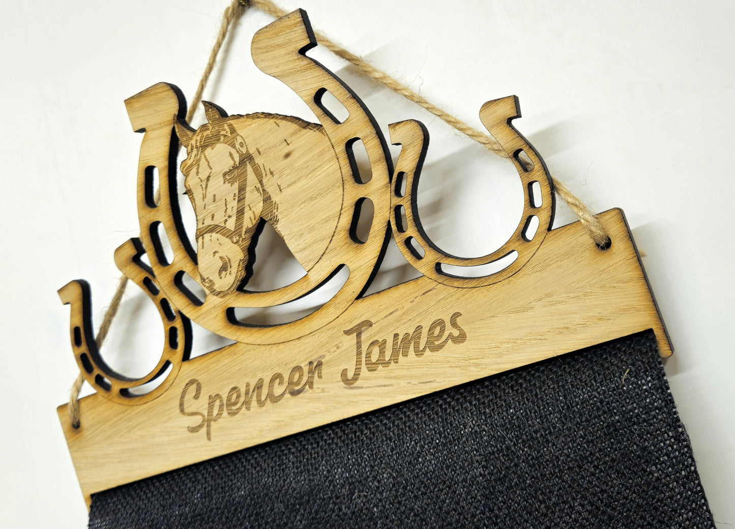 Rosette Holder Horse in Shoe Design: Personalised 6mm Oak Veneer Rosette Hanging Gift