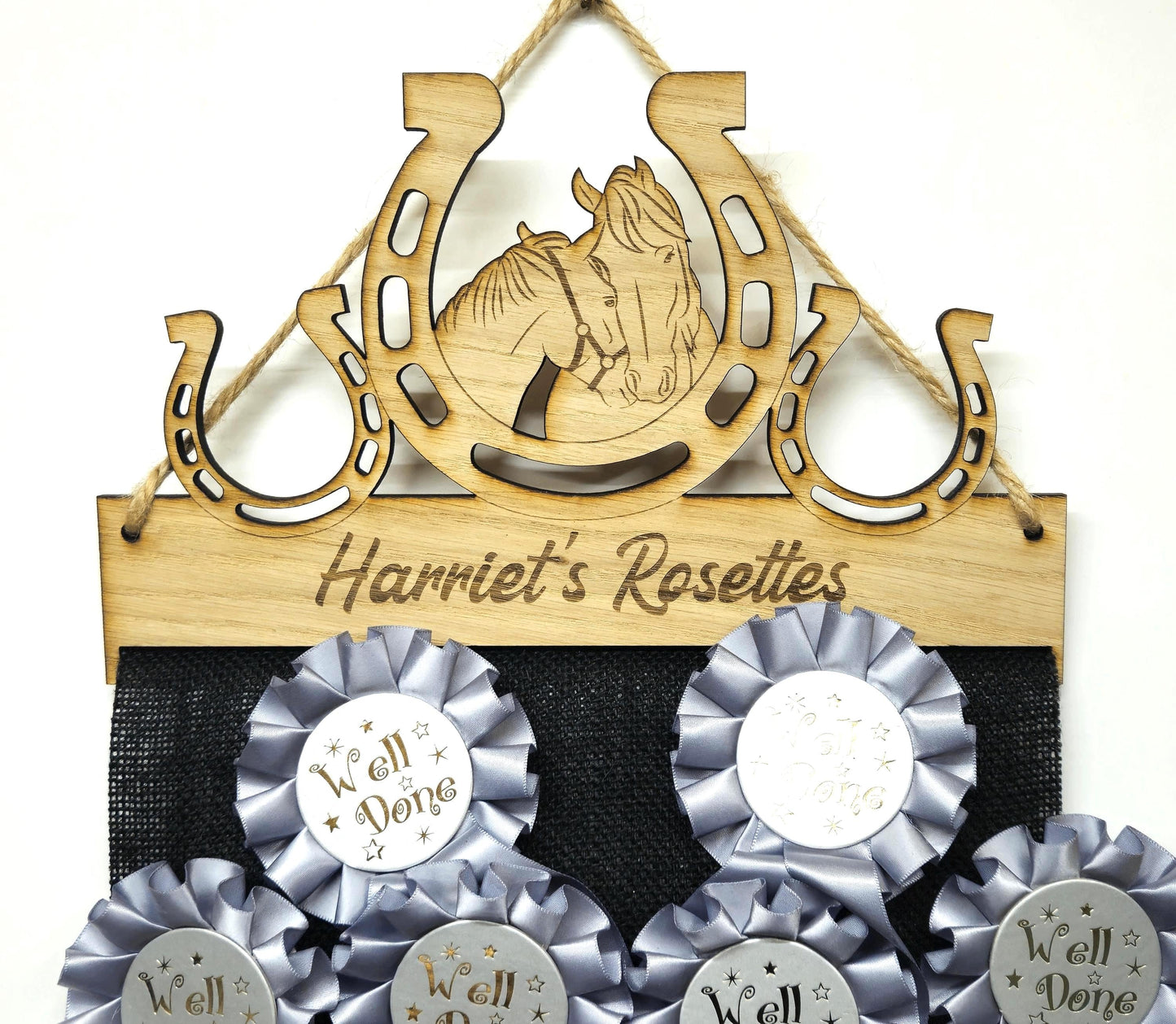 Rosette Holder - Horse and Pony in Shoe - 6mm Oak Veneer Rosette Hanging Gift